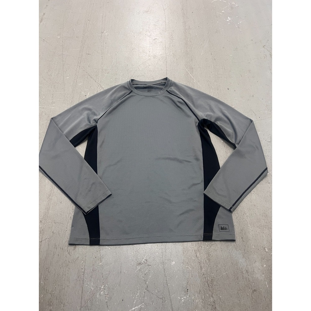 REI Athletic Top Mens Large Gray Black Logo Raglan Sleeve Running Performance